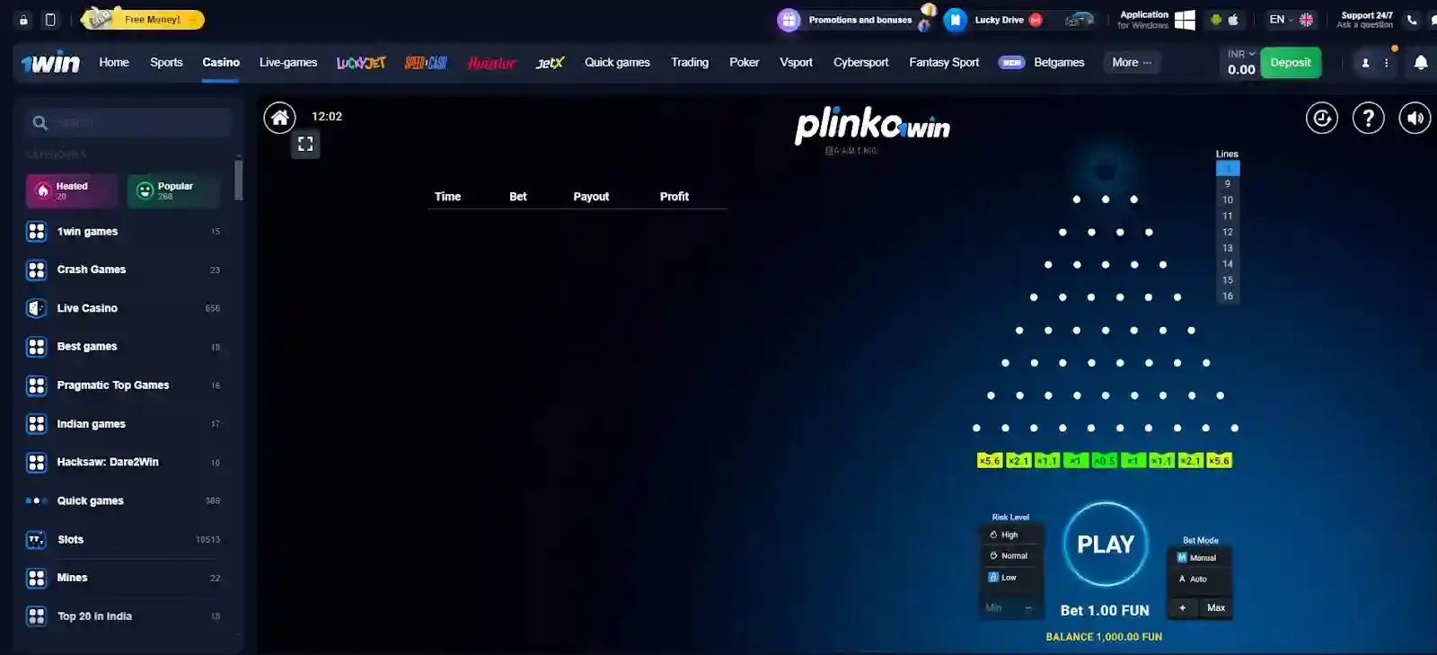 1win Plinko Deposit