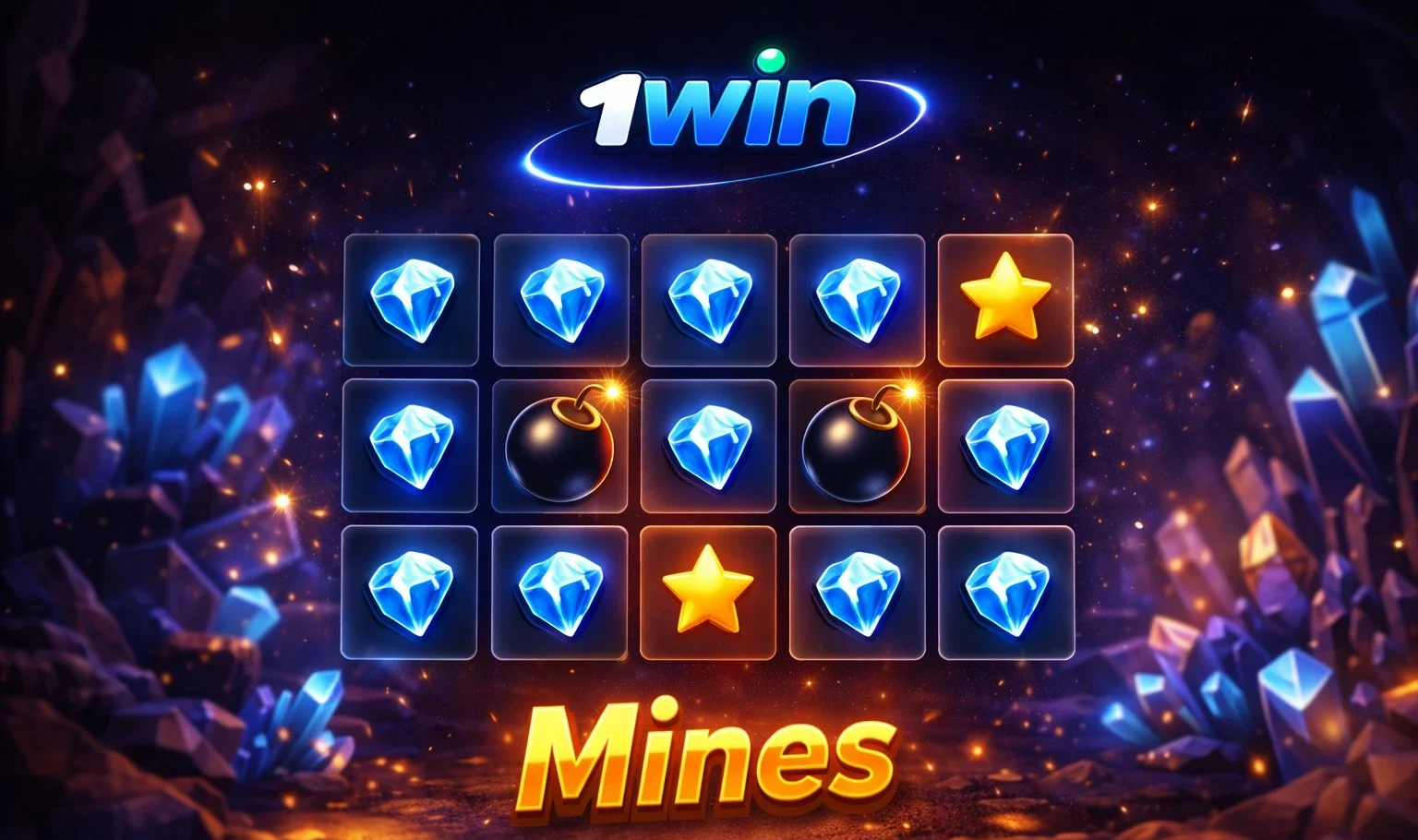 1win Mines game grid with diamonds and bombs on dark background