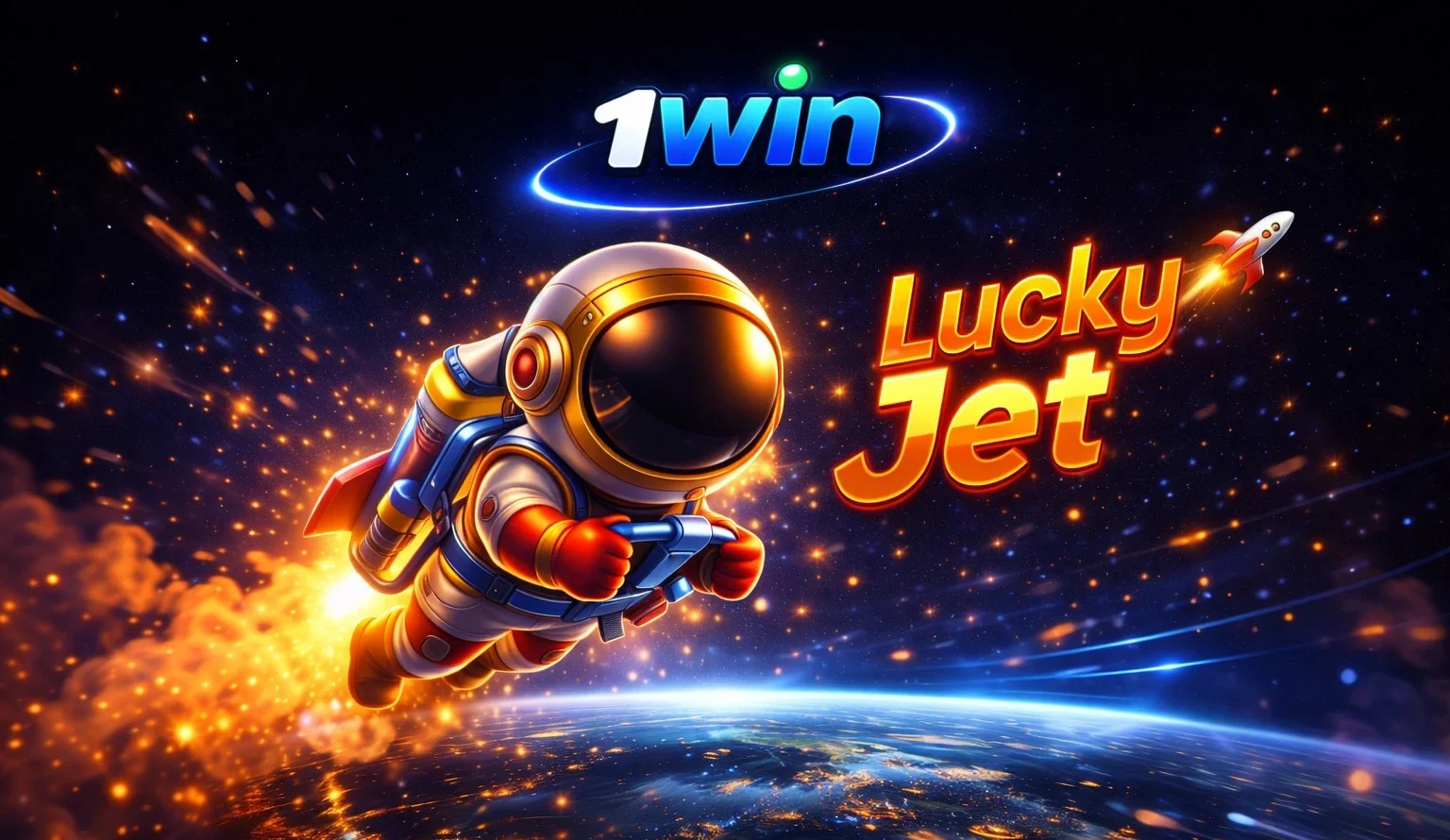 Lucky Jet game astronaut flying in space with rocket and glowing effects