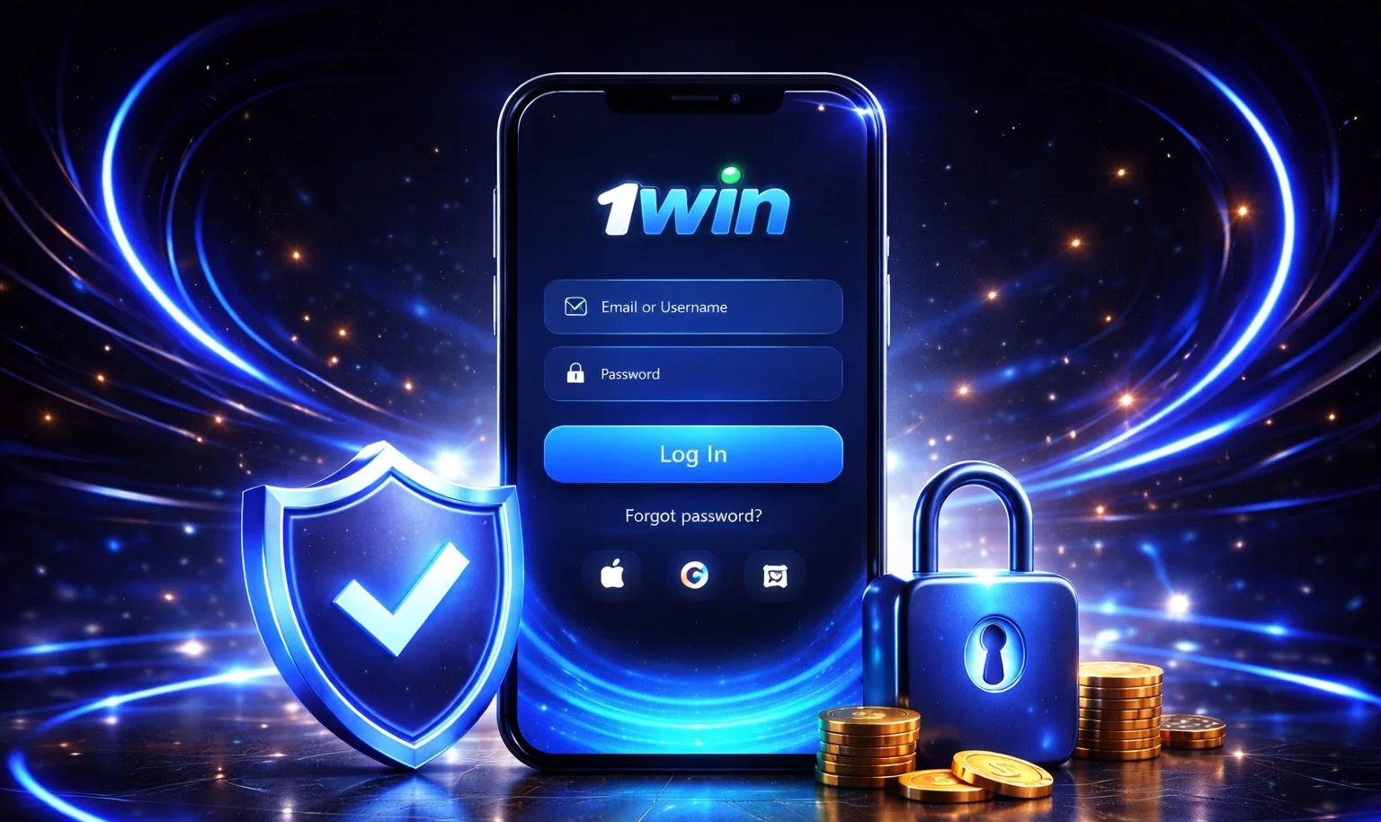 1win login concept with shield and lock on dark background
