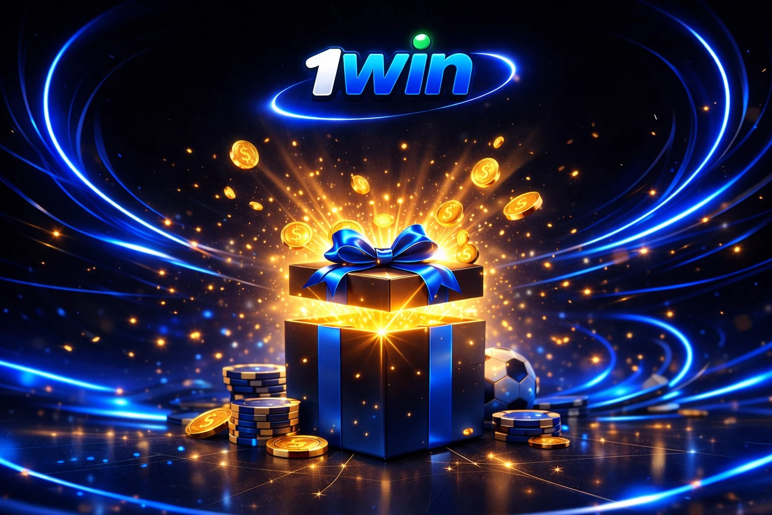 1win bonus gift box with glowing coins on dark background