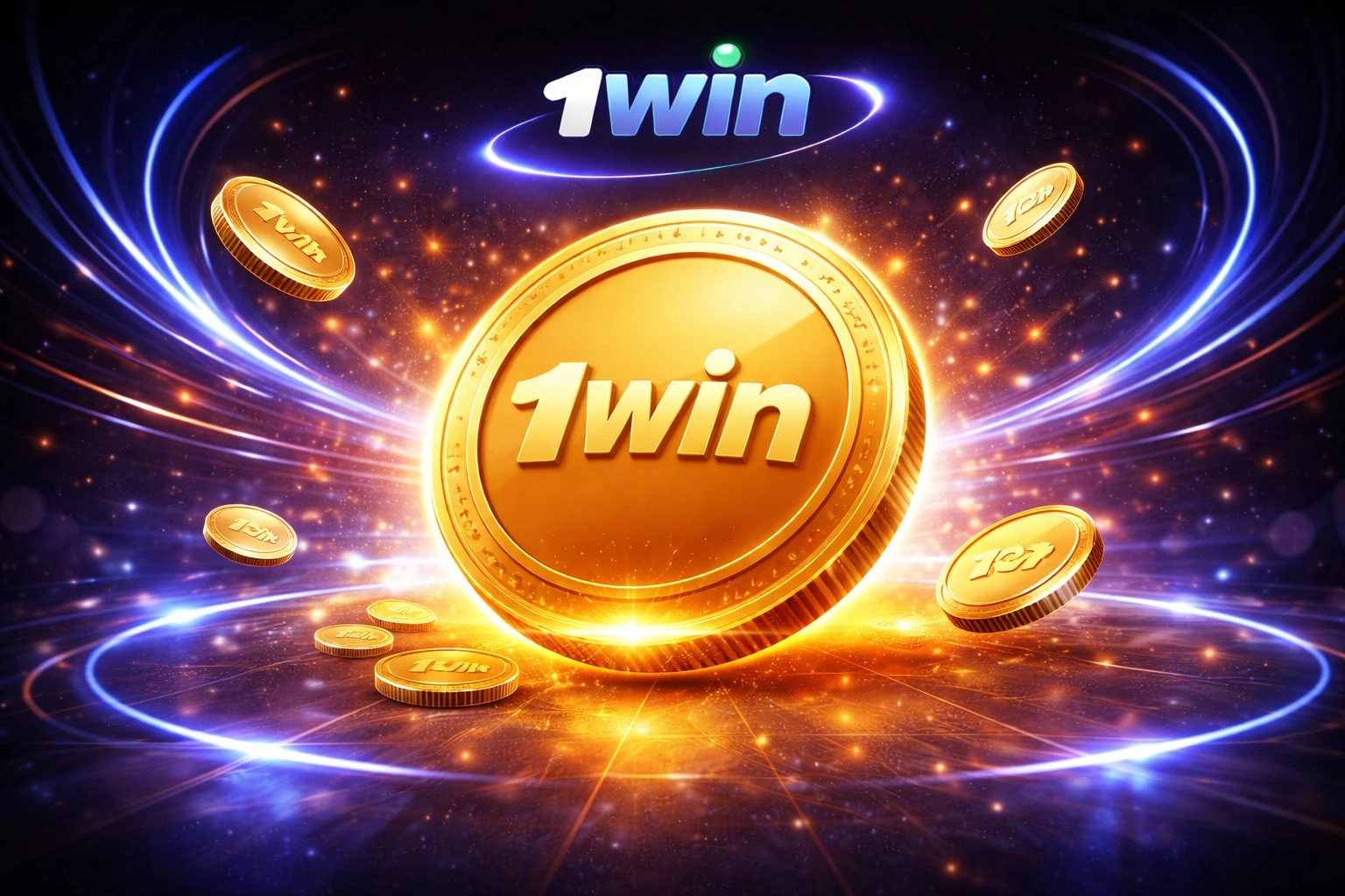 1win token coin with glowing gold effect on dark background
