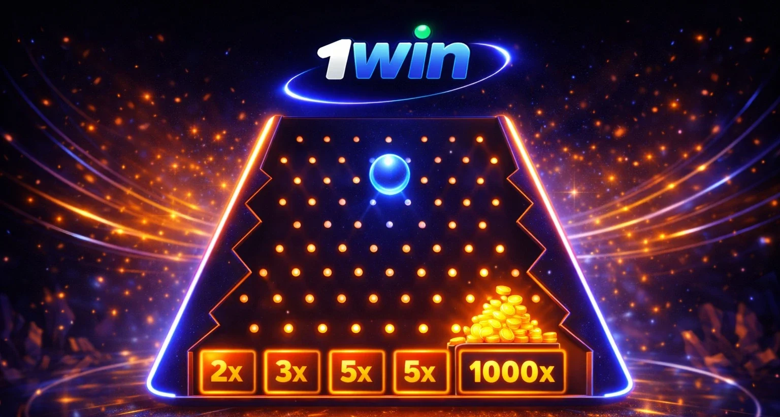 1win Plinko game board with ball and glowing multipliers on dark background