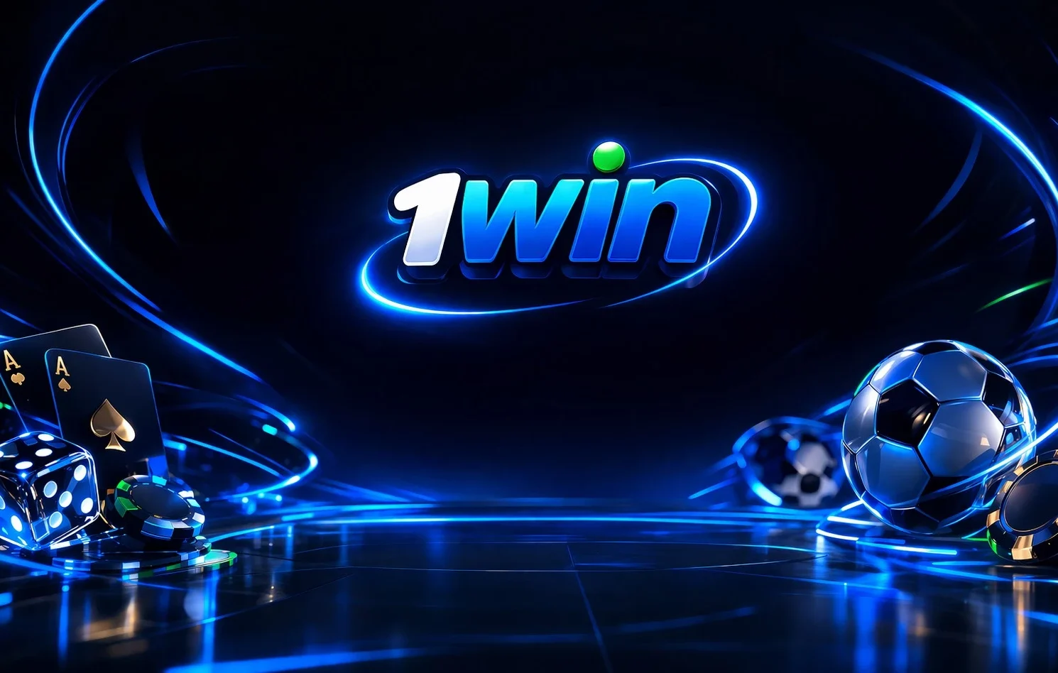 1win Malaysia casino and sports betting background with neon blue elements and gaming objects