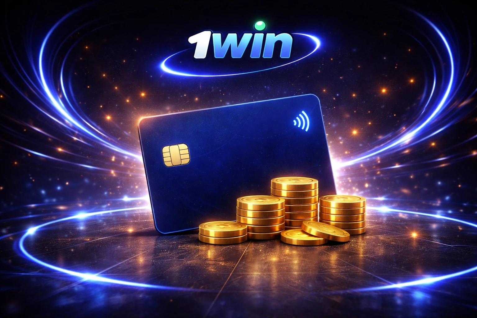 1win payment card with gold coins on dark background