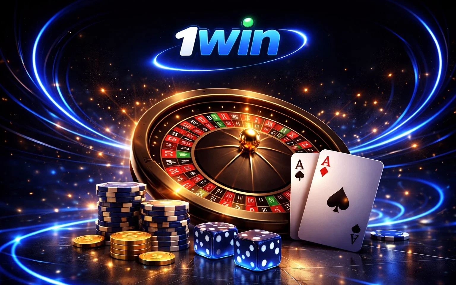 1win casino roulette with poker chips and cards on dark background